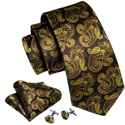 Gold Brown Paisley Tie, Pocket Square and Cufflinks Set tie sets    - Sophisticated Gentlemen