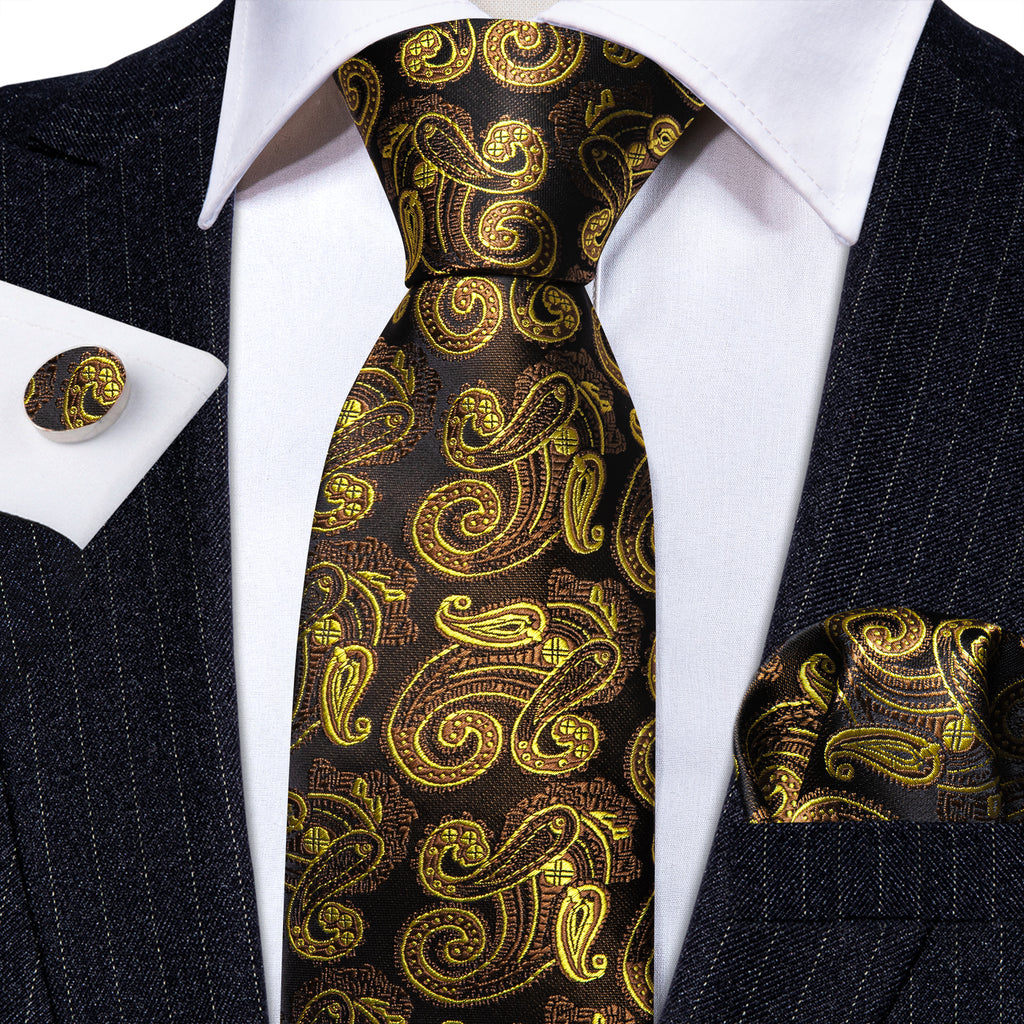 Gold Brown Paisley Tie, Pocket Square and Cufflinks Set tie sets    - Sophisticated Gentlemen