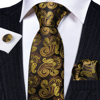 Gold Brown Paisley Tie, Pocket Square and Cufflinks Set tie sets    - Sophisticated Gentlemen