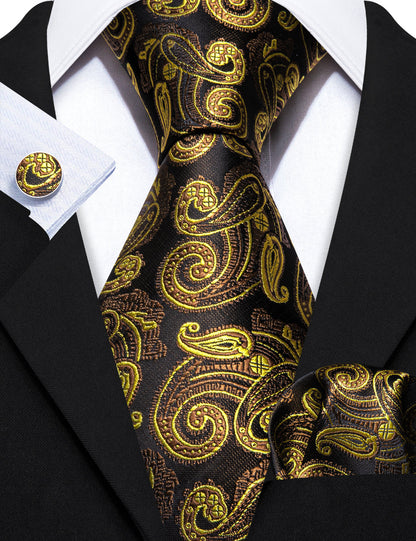Gold Brown Paisley Tie, Pocket Square and Cufflinks Set tie sets    - Sophisticated Gentlemen