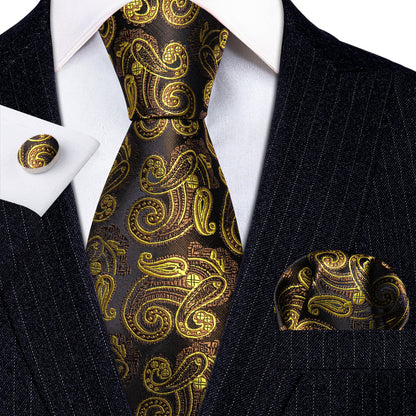 Gold Brown Paisley Tie, Pocket Square and Cufflinks Set tie sets    - Sophisticated Gentlemen