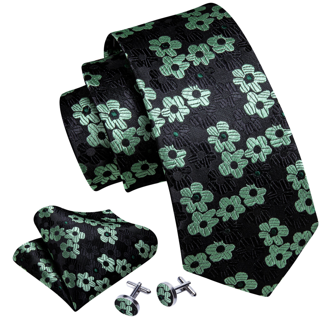 Black Light Green Floral Jacquard Tie, Pocket Square and Cufflinks Set tie sets    - Sophisticated Gentlemen