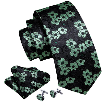 Black Light Green Floral Jacquard Tie, Pocket Square and Cufflinks Set tie sets    - Sophisticated Gentlemen
