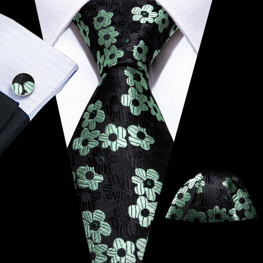 Black Light Green Floral Jacquard Tie, Pocket Square and Cufflinks Set tie sets    - Sophisticated Gentlemen