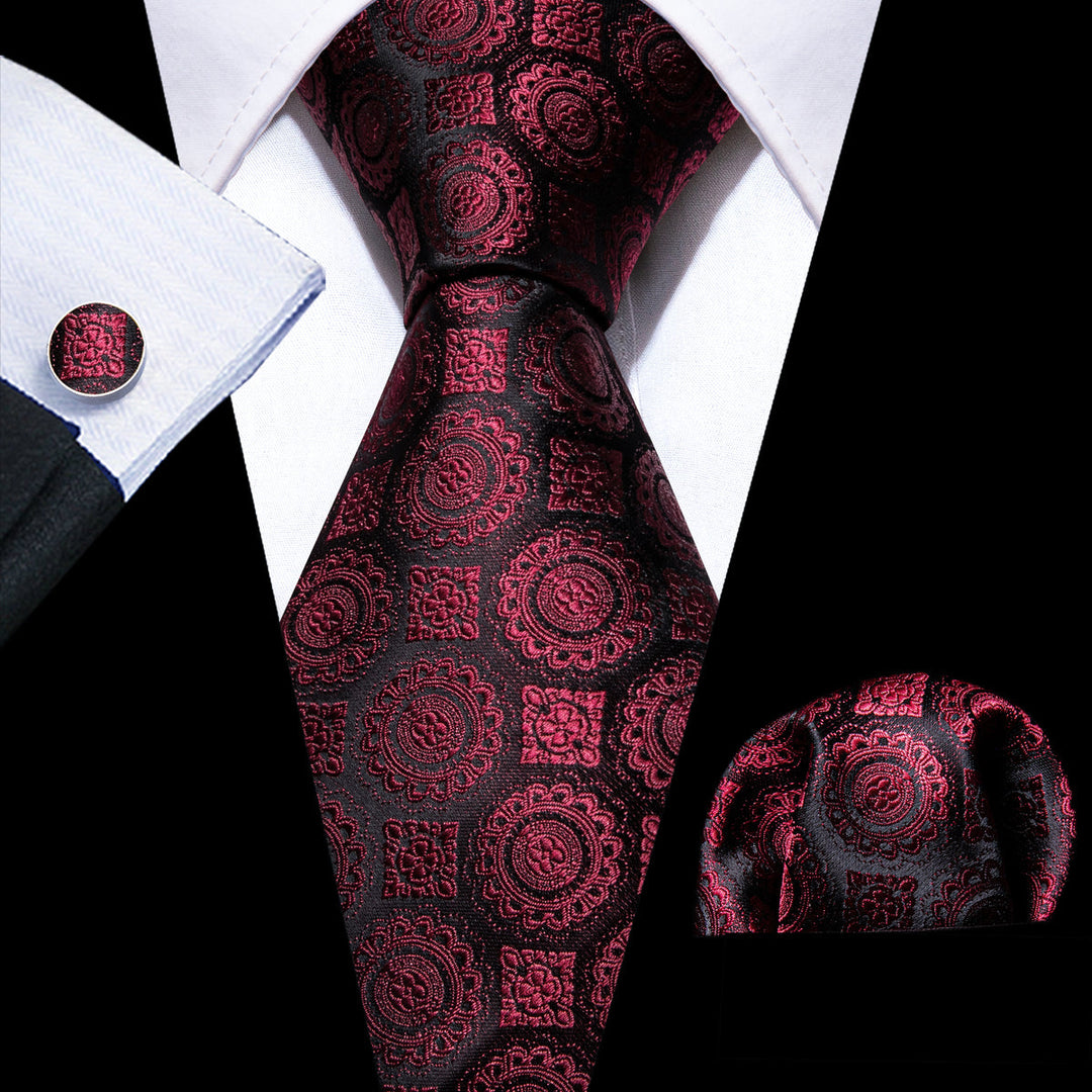 Burgundy Silk Novelty Tie, Pocket Square and Cufflinks Set tie sets    - Sophisticated Gentlemen