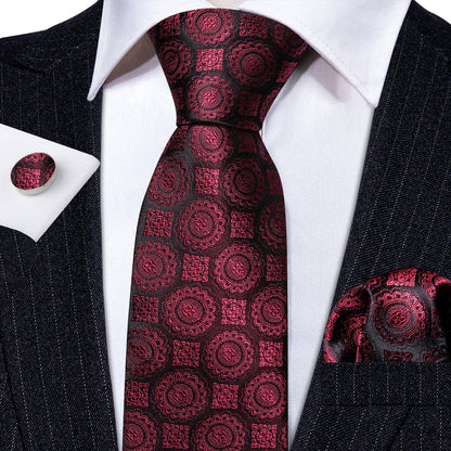 Burgundy Silk Novelty Tie, Pocket Square and Cufflinks Set tie sets    - Sophisticated Gentlemen