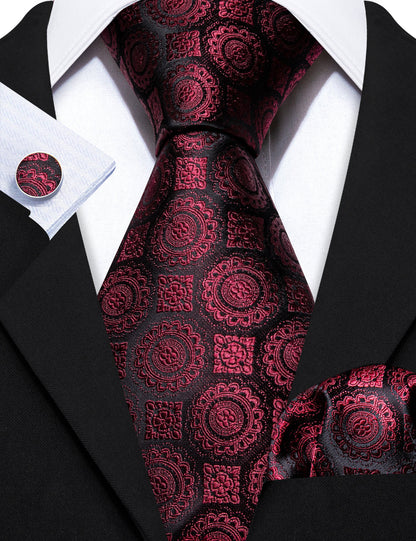 Burgundy Silk Novelty Tie, Pocket Square and Cufflinks Set tie sets    - Sophisticated Gentlemen