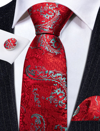 Red Sky Blue Paisley Silk Tie, Pocket Square and Cufflinks Set tie sets    - Sophisticated Gentlemen