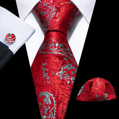 Red Sky Blue Paisley Silk Tie, Pocket Square and Cufflinks Set tie sets    - Sophisticated Gentlemen