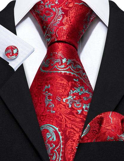 Red Sky Blue Paisley Silk Tie, Pocket Square and Cufflinks Set tie sets    - Sophisticated Gentlemen