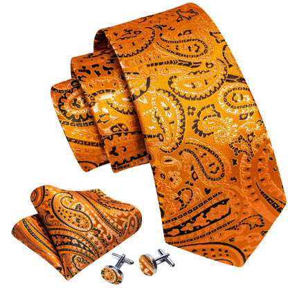 Gold Orange Black Paisley Tie, Pocket Square and Cufflinks Set tie sets    - Sophisticated Gentlemen