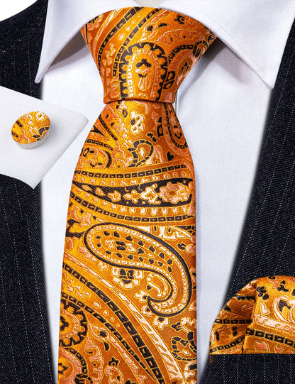 Gold Orange Black Paisley Tie, Pocket Square and Cufflinks Set tie sets    - Sophisticated Gentlemen