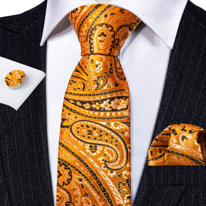 Gold Orange Black Paisley Tie, Pocket Square and Cufflinks Set tie sets    - Sophisticated Gentlemen