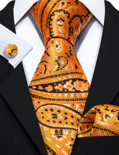 Gold Orange Black Paisley Tie, Pocket Square and Cufflinks Set tie sets    - Sophisticated Gentlemen