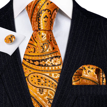 Gold Orange Black Paisley Tie, Pocket Square and Cufflinks Set tie sets    - Sophisticated Gentlemen