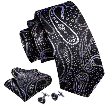 Black Silver Paisley Silk Tie, Pocket Square and Cufflinks Set tie sets    - Sophisticated Gentlemen