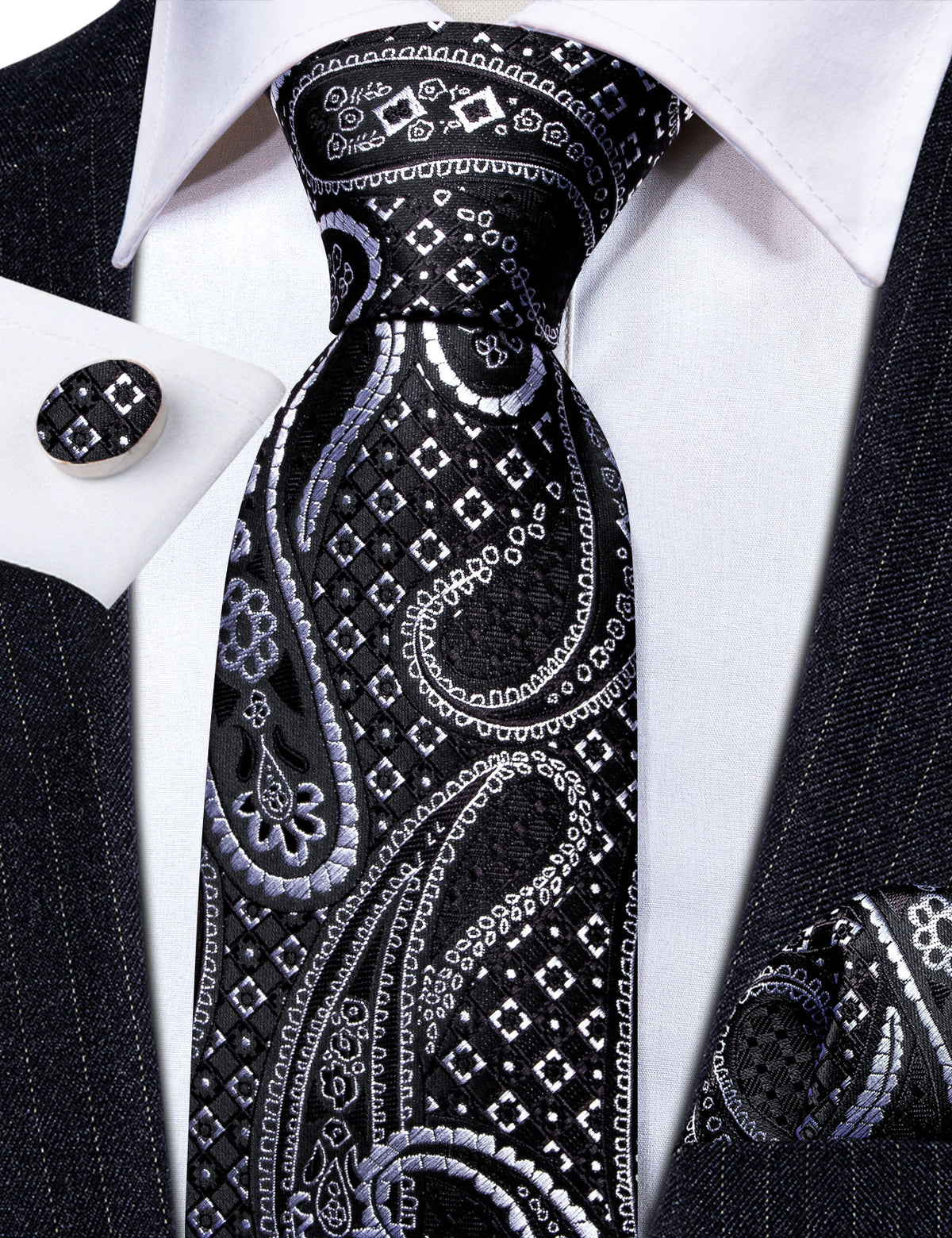 Black Silver Paisley Silk Tie, Pocket Square and Cufflinks Set tie sets    - Sophisticated Gentlemen