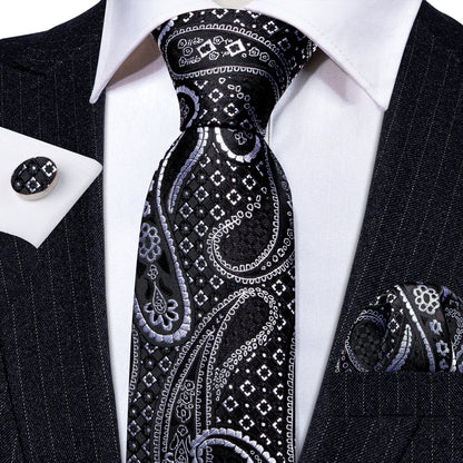Black Silver Paisley Silk Tie, Pocket Square and Cufflinks Set tie sets    - Sophisticated Gentlemen
