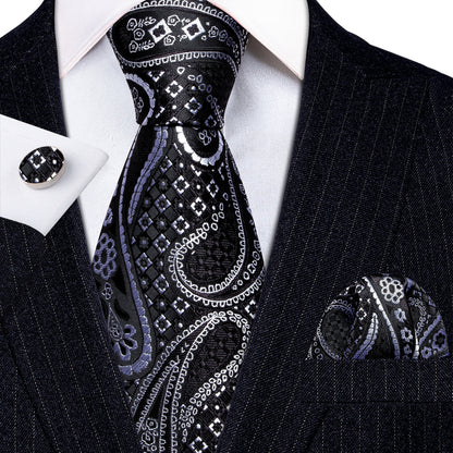 Black Silver Paisley Silk Tie, Pocket Square and Cufflinks Set tie sets    - Sophisticated Gentlemen