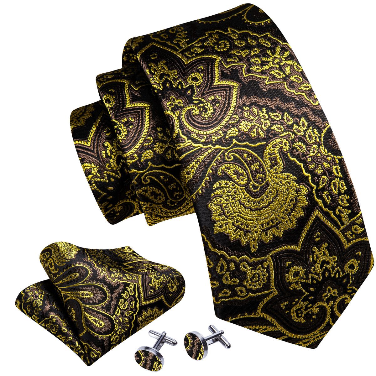 Brown Green Paisley Silk Tie, Pocket Square and Cufflinks Set tie sets    - Sophisticated Gentlemen