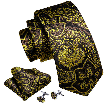 Brown Green Paisley Silk Tie, Pocket Square and Cufflinks Set tie sets    - Sophisticated Gentlemen