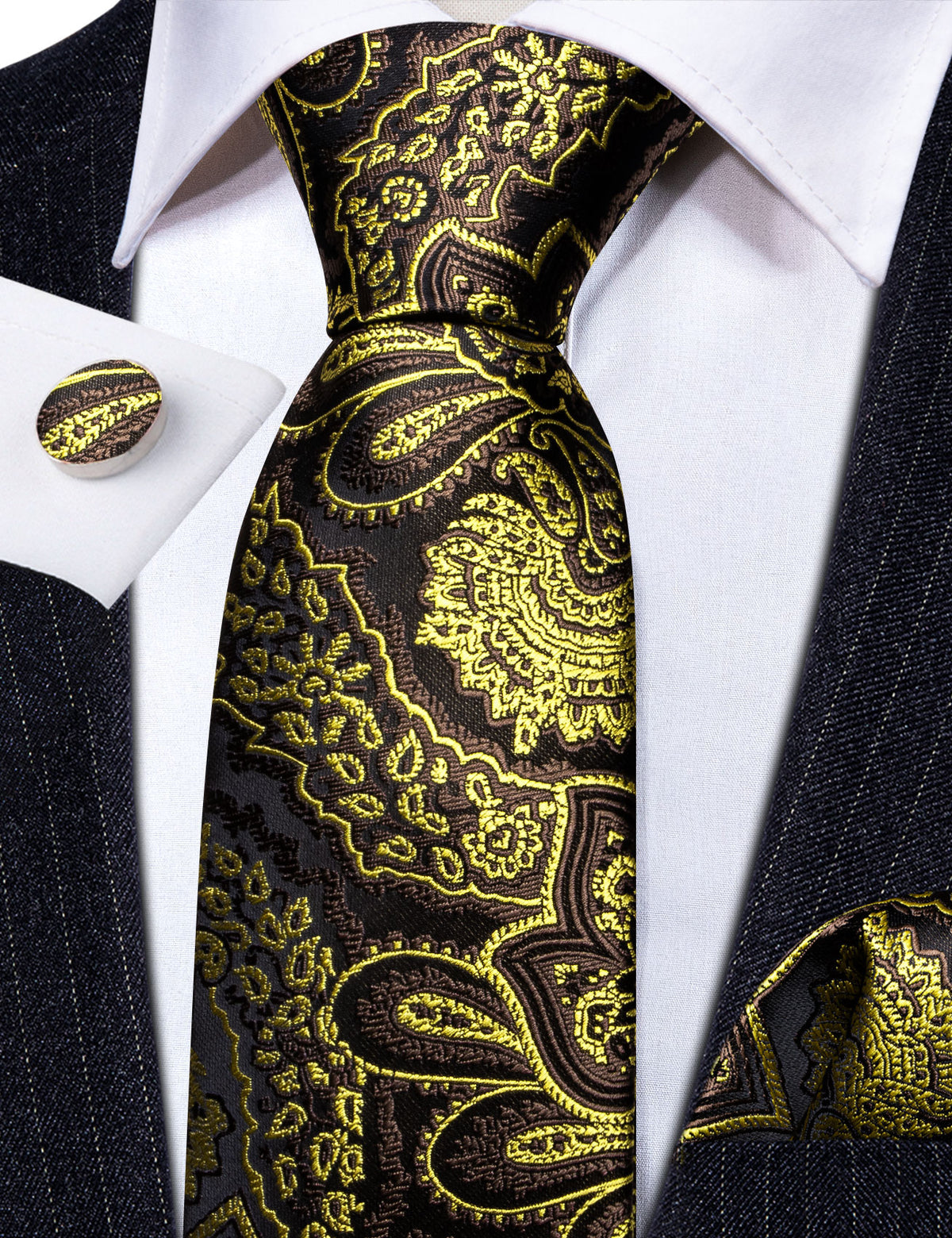 Brown Green Paisley Silk Tie, Pocket Square and Cufflinks Set tie sets    - Sophisticated Gentlemen