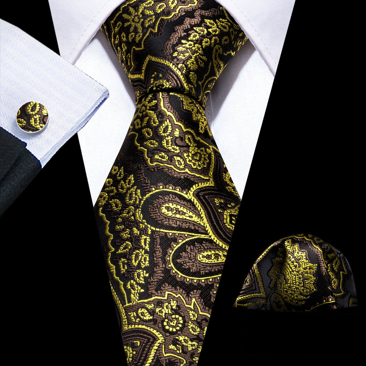 Brown Green Paisley Silk Tie, Pocket Square and Cufflinks Set tie sets    - Sophisticated Gentlemen