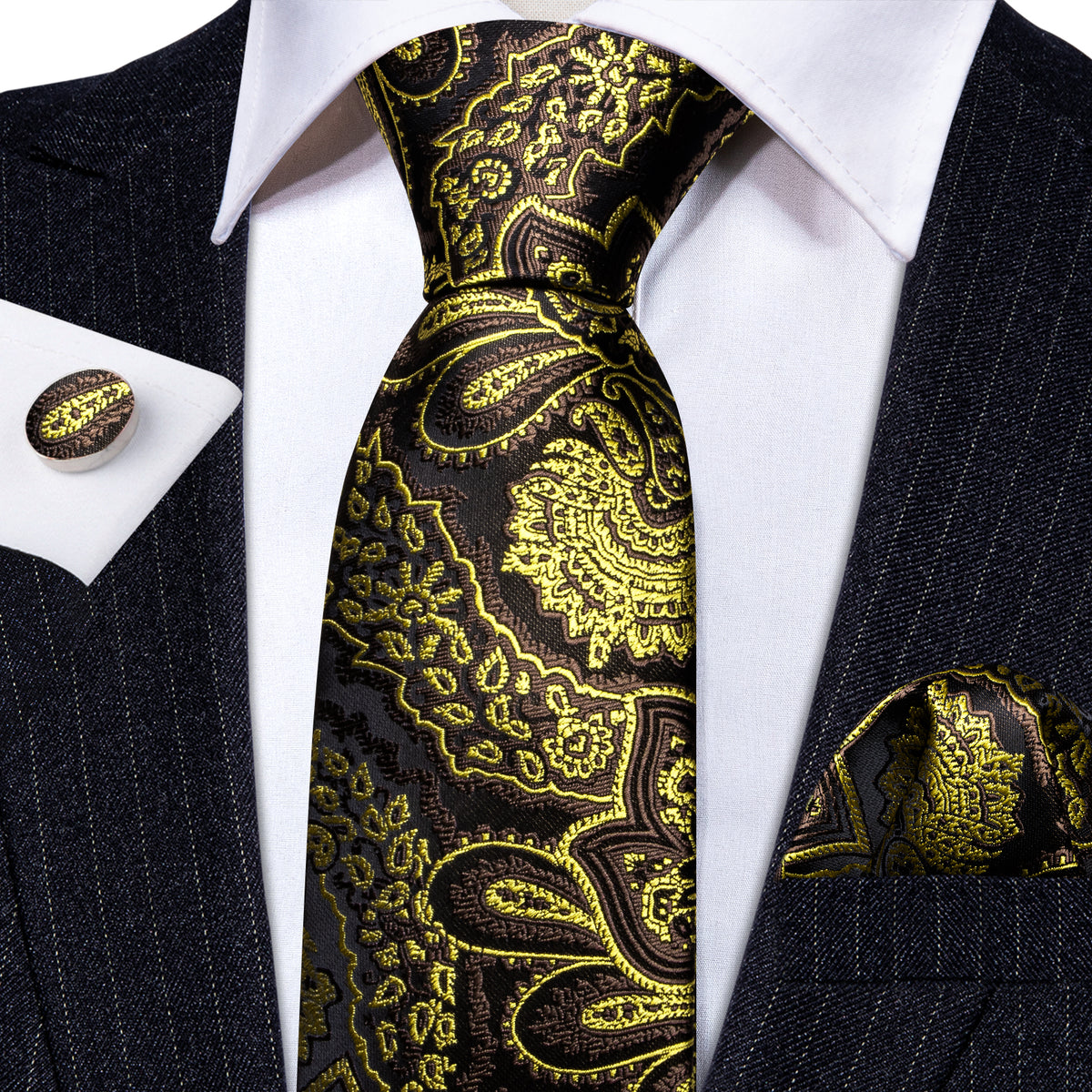Brown Green Paisley Silk Tie, Pocket Square and Cufflinks Set tie sets    - Sophisticated Gentlemen