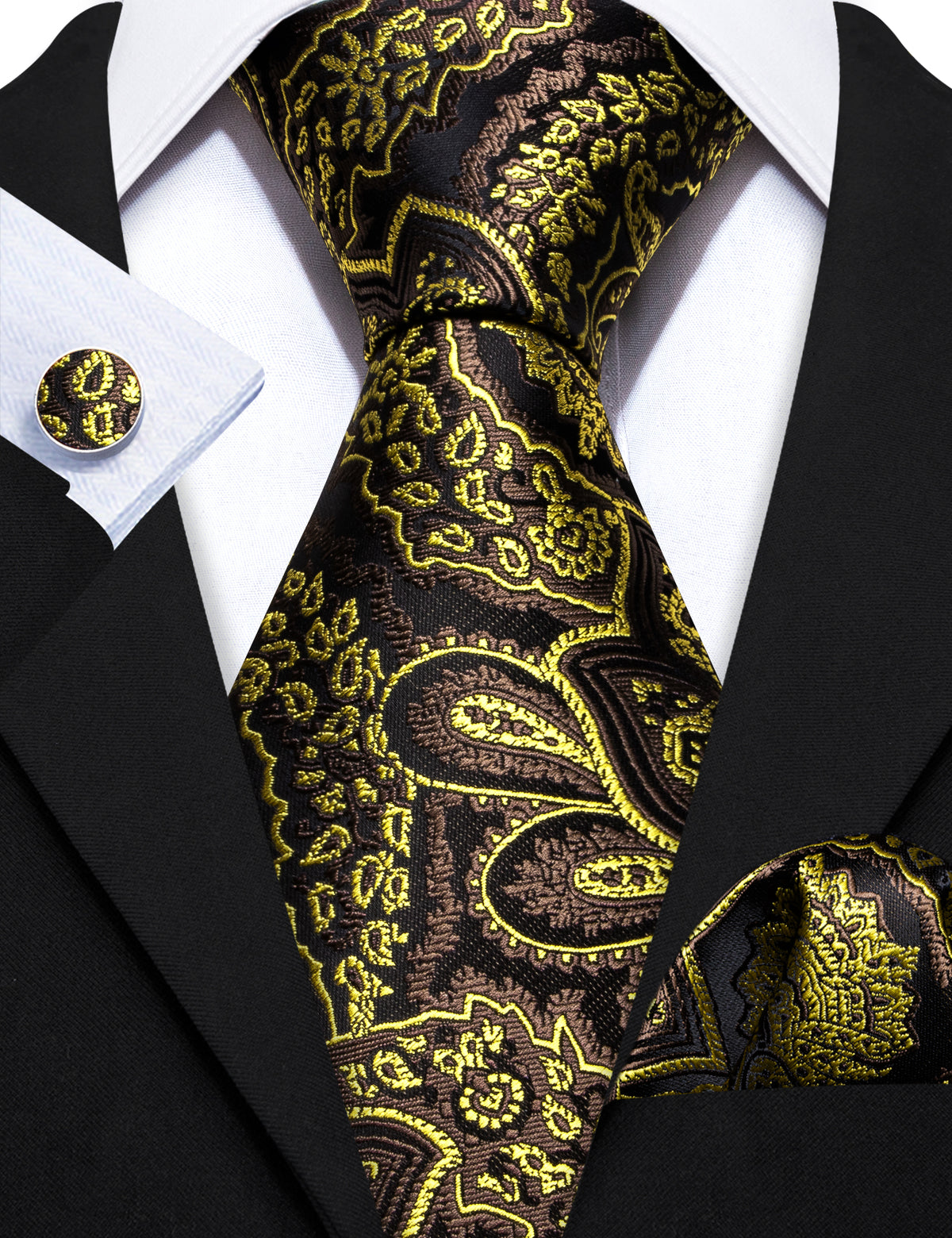 Brown Green Paisley Silk Tie, Pocket Square and Cufflinks Set tie sets    - Sophisticated Gentlemen