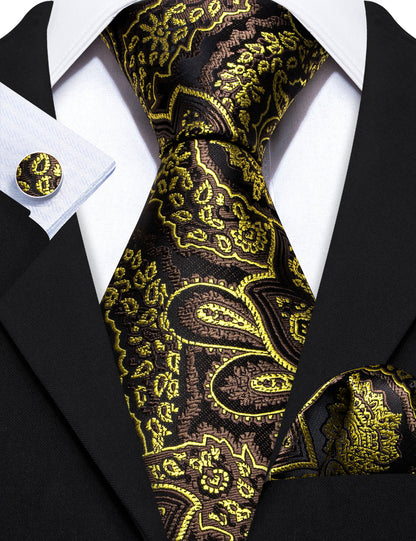 Brown Green Paisley Silk Tie, Pocket Square and Cufflinks Set tie sets    - Sophisticated Gentlemen