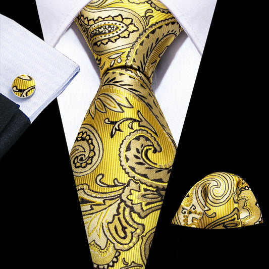 Yellow Black Silk Tie, Pocket Square and Cufflinks Set tie sets    - Sophisticated Gentlemen