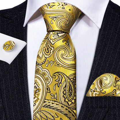 Yellow Black Silk Tie, Pocket Square and Cufflinks Set tie sets    - Sophisticated Gentlemen