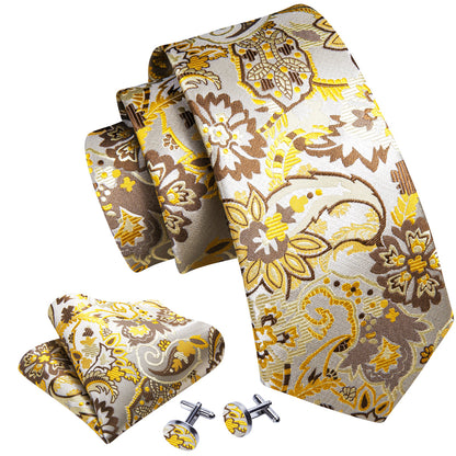Gray Yellow Paisley Silk Tie, Pocket Square and Cufflinks Set tie sets    - Sophisticated Gentlemen