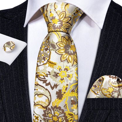 Gray Yellow Paisley Silk Tie, Pocket Square and Cufflinks Set tie sets    - Sophisticated Gentlemen