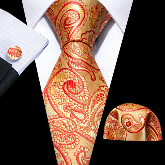 Red Gold Floral Paisley Silk Tie, Pocket Square and Cufflinks Set tie sets    - Sophisticated Gentlemen