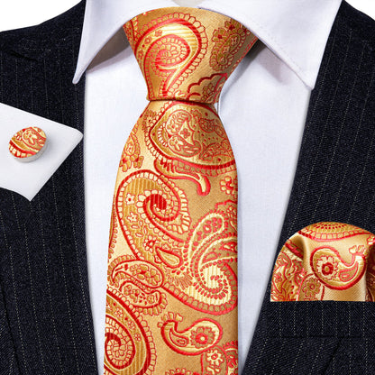 Red Gold Floral Paisley Silk Tie, Pocket Square and Cufflinks Set tie sets    - Sophisticated Gentlemen