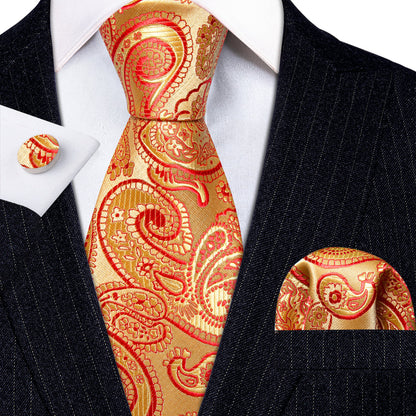 Red Gold Floral Paisley Silk Tie, Pocket Square and Cufflinks Set tie sets    - Sophisticated Gentlemen