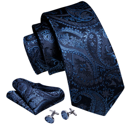 Navy Blue Floral Silk Tie, Pocket Square and Cufflinks Set tie sets    - Sophisticated Gentlemen