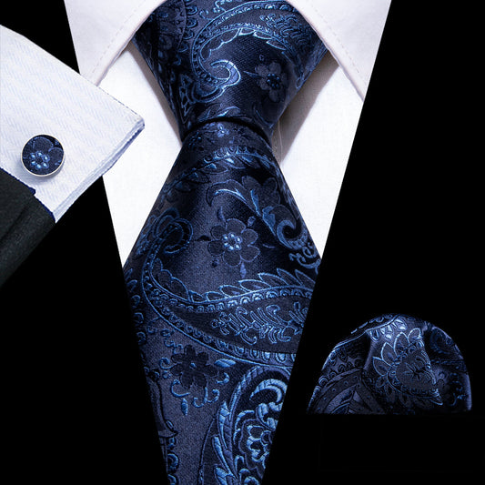 Navy Blue Floral Silk Tie, Pocket Square and Cufflinks Set tie sets    - Sophisticated Gentlemen