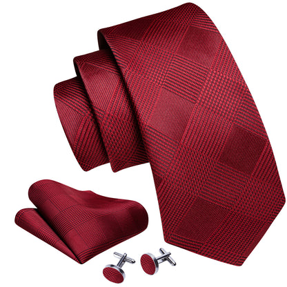 Red Jacquard Lattice Silk Tie, Pocket Square and Cufflinks Set tie sets    - Sophisticated Gentlemen
