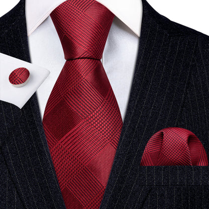 Red Jacquard Lattice Silk Tie, Pocket Square and Cufflinks Set tie sets    - Sophisticated Gentlemen