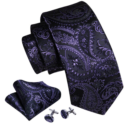 Black Purple Paisley Silk Tie, Pocket Square and Cufflinks Set tie sets    - Sophisticated Gentlemen