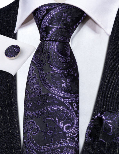 Black Purple Paisley Silk Tie, Pocket Square and Cufflinks Set tie sets    - Sophisticated Gentlemen