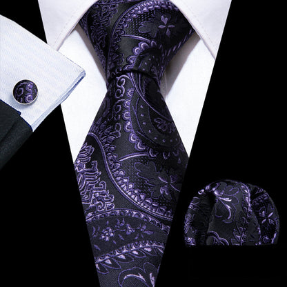 Black Purple Paisley Silk Tie, Pocket Square and Cufflinks Set tie sets    - Sophisticated Gentlemen