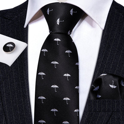 Black White Umbrella Silk Tie, Pocket Square and Cufflinks Set tie sets    - Sophisticated Gentlemen
