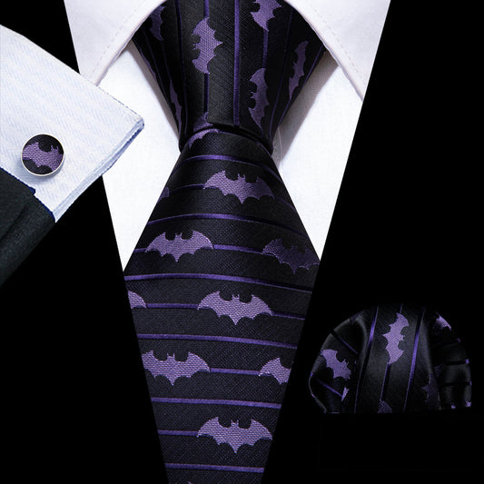 Black & Purple Silk Bat Novelty Tie Set with Pocket Square and Cufflinks tie sets    - Sophisticated Gentlemen