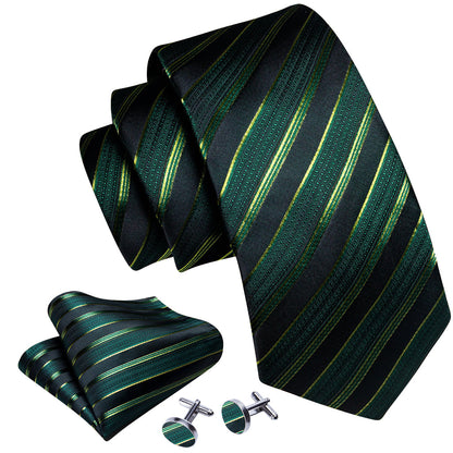 Light Green Black Striped Silk Tie, Pocket Square and Cufflinks Set tie sets    - Sophisticated Gentlemen