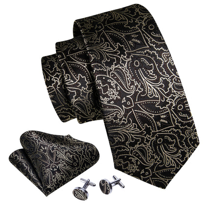 Brown White Floral Silk Tie, Pocket Square and Cufflinks Set tie sets    - Sophisticated Gentlemen