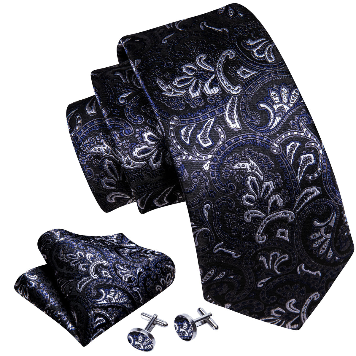 Black Blue White Paisley Silk Tie, Pocket Square and Cufflinks Set tie sets    - Sophisticated Gentlemen