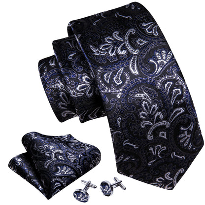 Black Blue White Paisley Silk Tie, Pocket Square and Cufflinks Set tie sets    - Sophisticated Gentlemen